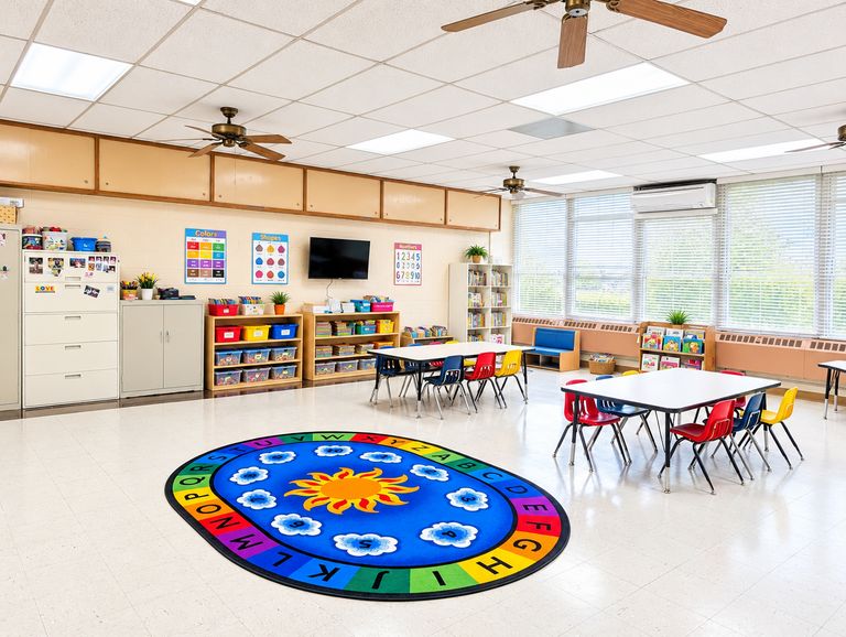 St. Luke's classroom with an alphabet rug and small tables