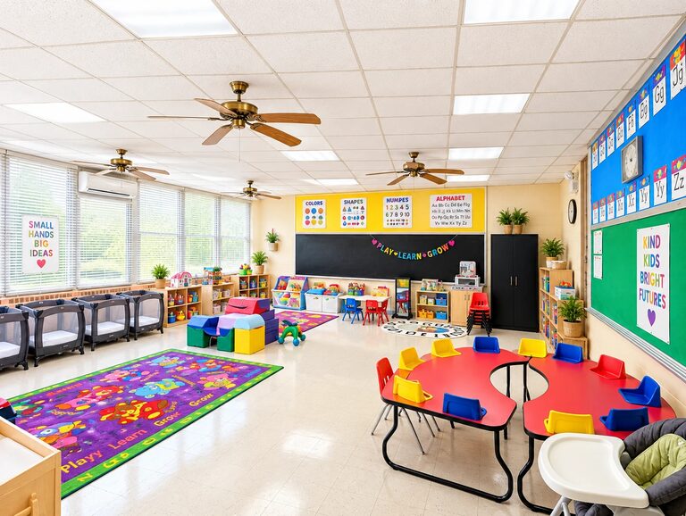 Bright St. Luke's Day School infant and young toddler room with cribs, a colorful play rug, small tables and a learning wall