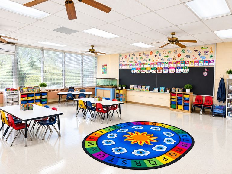 Classroom with a round sunshine rug, tables and a decorated bulletin board
