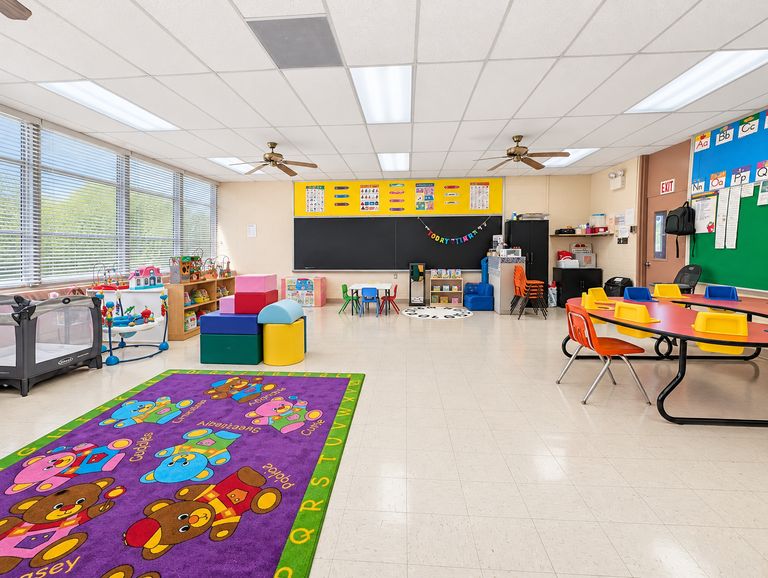 Wide view of a bright St. Luke's classroom