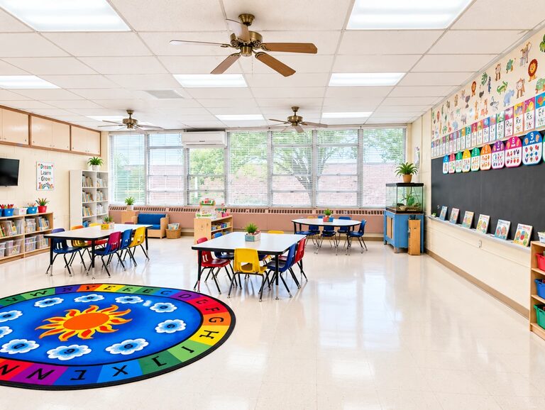 Older toddler and young preschool classroom with tables, chairs and a colorful alphabet rug